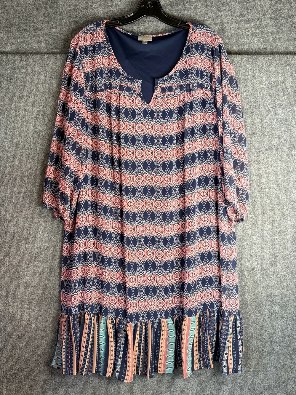 Avenue Midi‎ Dress Womens 22/24 Navy Coral Geo Print Ruffle Hem Boho RN138302